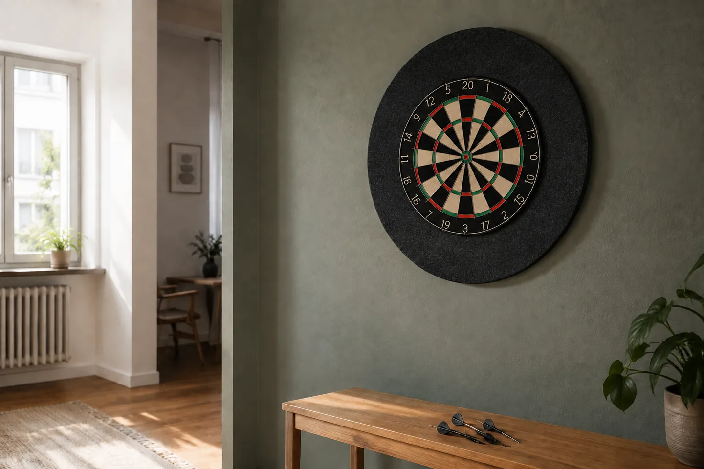Illustrativer Dartplatz an einer salbeigrünen Wand mit Filzrückwand und Eichenbank